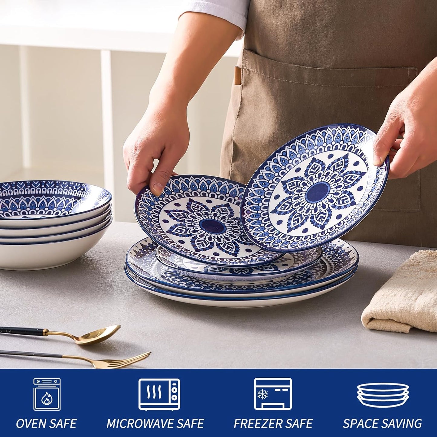 Bestone Porcelain Dinnerware Sets Service for 4, 12 pcs Hand drawn Plates and Bowls Sets, Handmade Ceramic Dish Set, Chip Resistant Modern Plate Set, Dishwasher/Microwave Safe,Vintage Blue