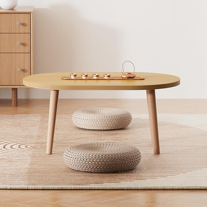 Small Coffee Table for Small Space, Low Table with Solid Wood Legs, Floor Table Desk for Sitting on The Floor, Japanese Coffee Table for Living Room, Tatami Tea Tables, Oval Coffee Tables, Brown