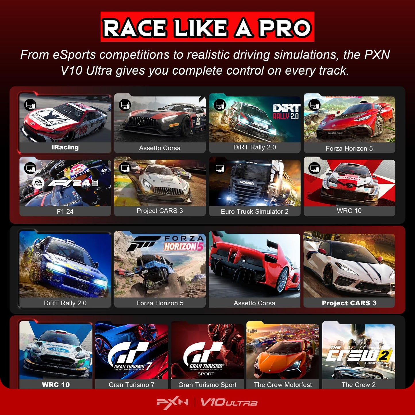 PXN V10 Ultra Direct Drive Racing Wheel & Pedals โ 3.2Nm Force Feedback, 10.6'', 4 Paddle Shifters, Hall Effect 2-Pedal Set - Gaming Steering Wheel for Xbox Series X|S, Xbox One, PS4 & PC