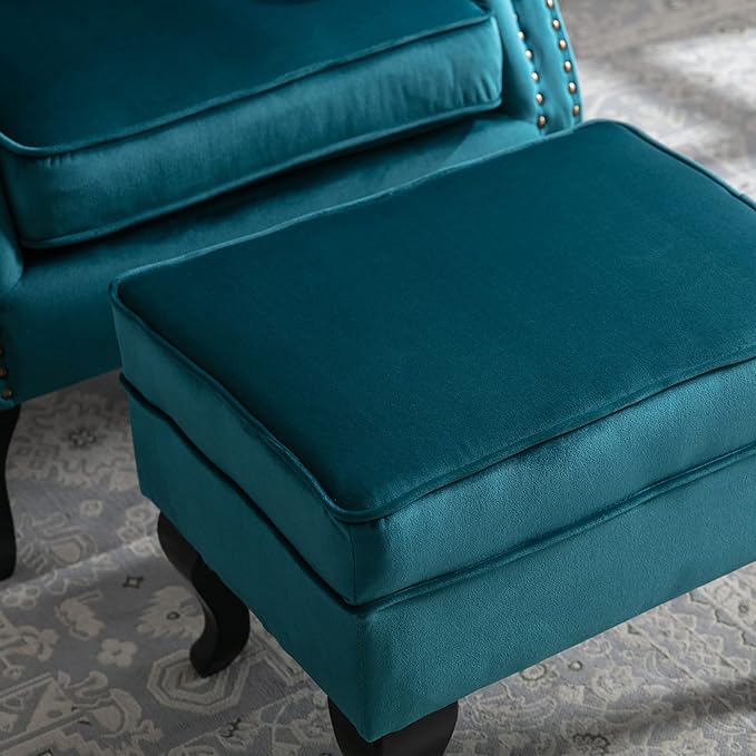 chairus Mid-Century Modern Accent Chair with Ottoman, Comfy Velvet Single Sofa Chair Button Tufted Wingback Armchair with Pillow for Living Room/Bedroom/Club - Teal