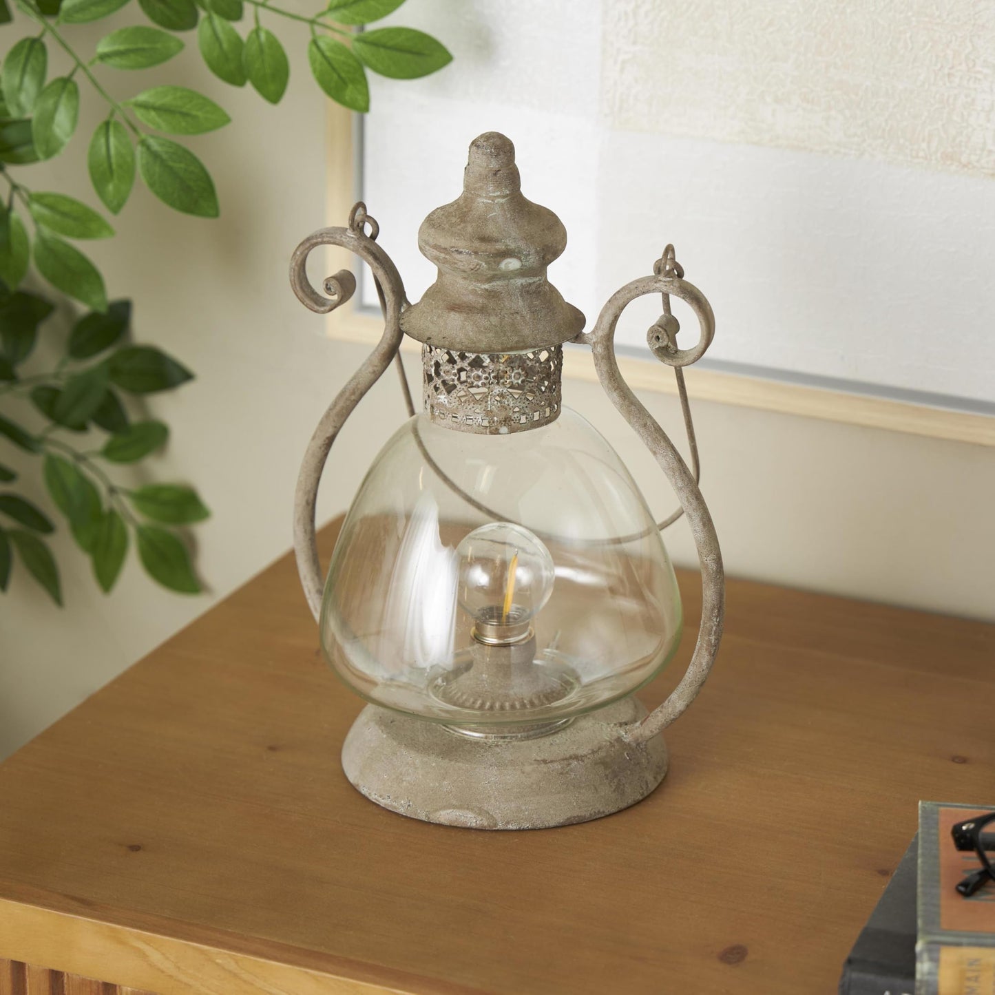 Deco 79 Metal Scroll Indoor Outdoor Candle Lantern Decorative Lantern Candle Holder with Arched Handle, Lantern 9" x 8" x 12", Bronze
