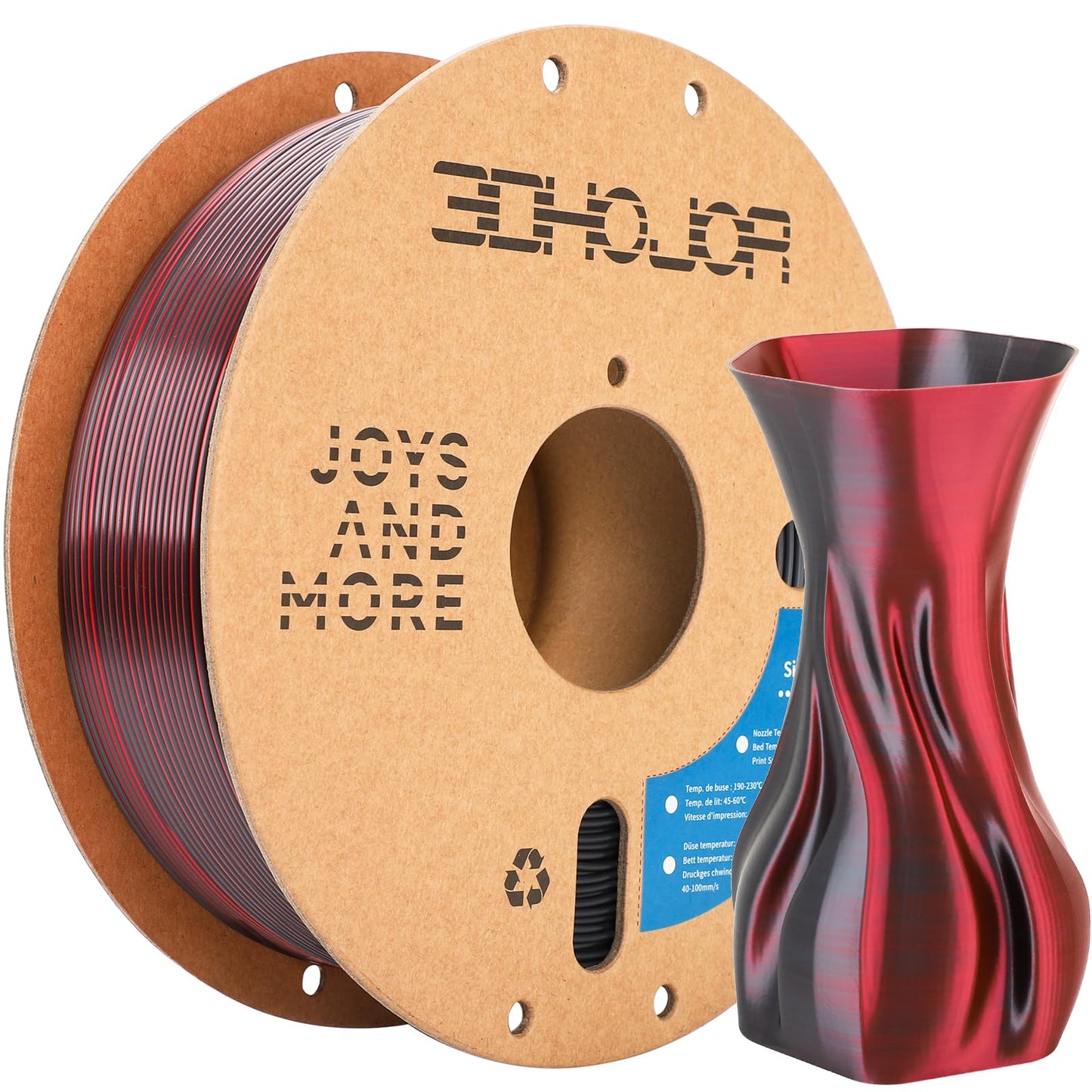 3DHoJor Silk PLA Filament 1.75mm Black Red Dual Color PLA 3D Printer Filament 2 in 1 Coextrusion 1KG Spool(2.2lbs) 3D Printing F