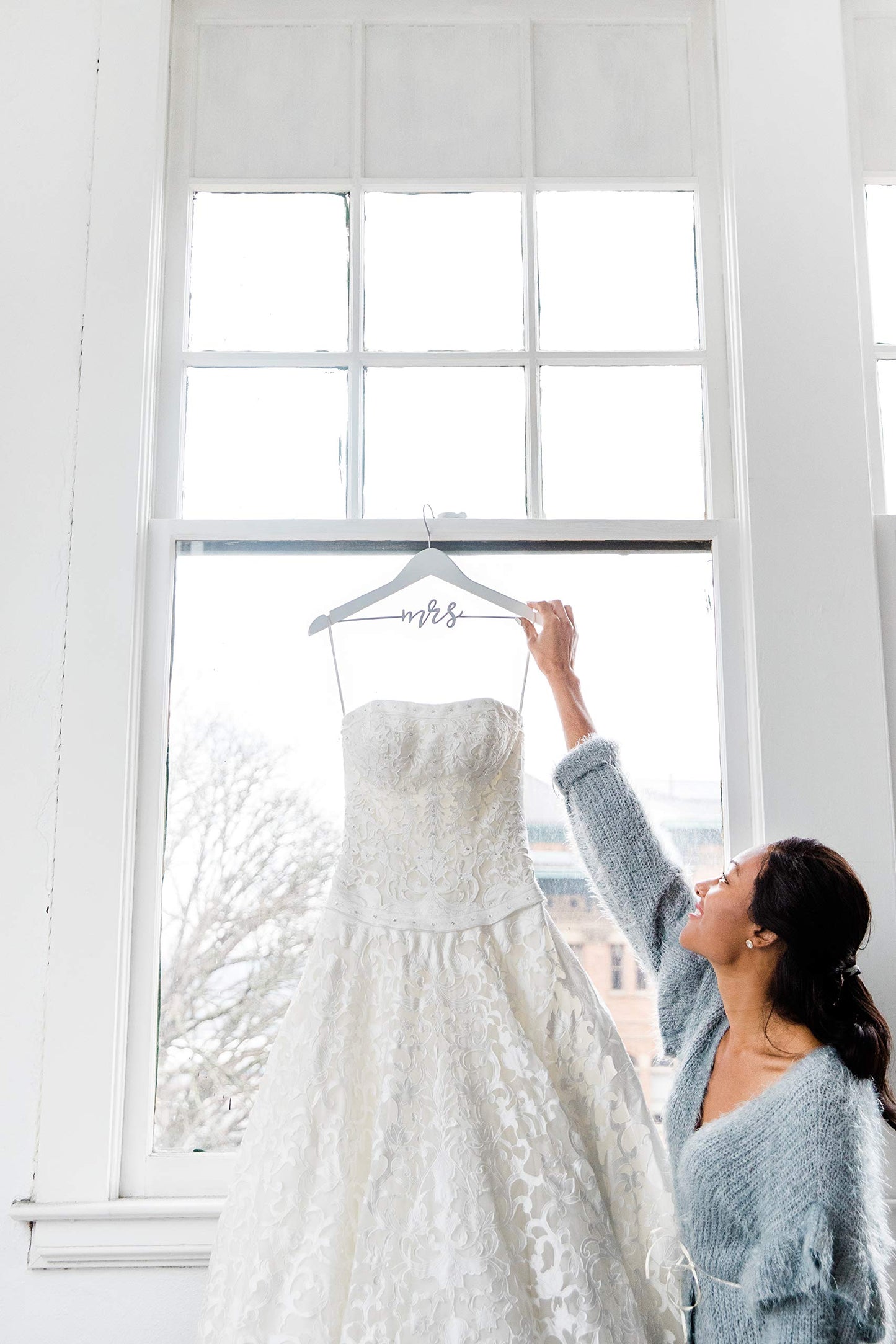 Pearhead Mrs. Wedding Dress Hanger – Elegant Wooden Bridal Keepsake with Cursive Wire Lettering, Perfect Photo Prop and Gift for Bride, White and Silver