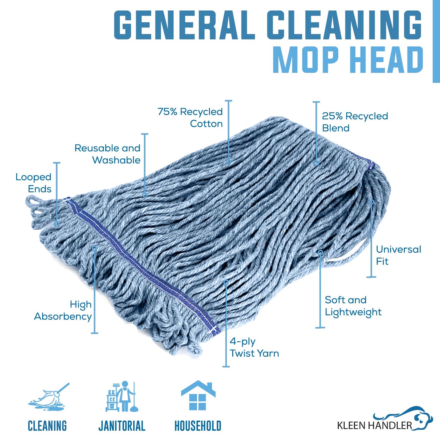 KLEEN HANDLER General Cleaning Mop Heavy Duty Commercial Replacement, Wet Industrial Blue Cotton Looped End String Head Refill (Pack of 3)