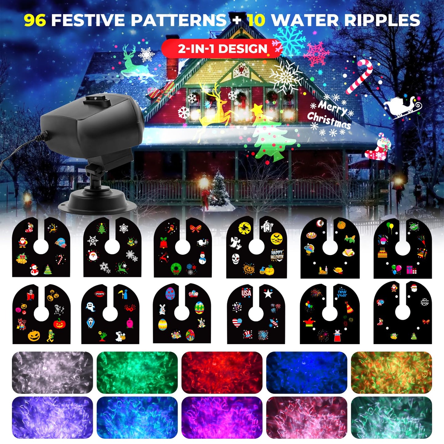 Halloween Christmas Projector Lights Outdoor Waterproof,15W Brighter HD Ocean Wave Effect,12 Slides 96 No Fade Pictures for Thanksgiving,New Year LED Projector Decoration