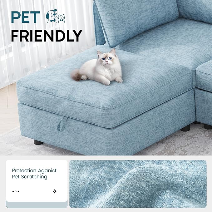 FIRLZY Oversized Modular Sofa with Removable Covers and Storage, Convertible U, L-Shaped and Sleeper Sectional, Modern Sectional Couch with Ottoman Chaise for Living Room, Blue Textured, 6 Seat Sofa