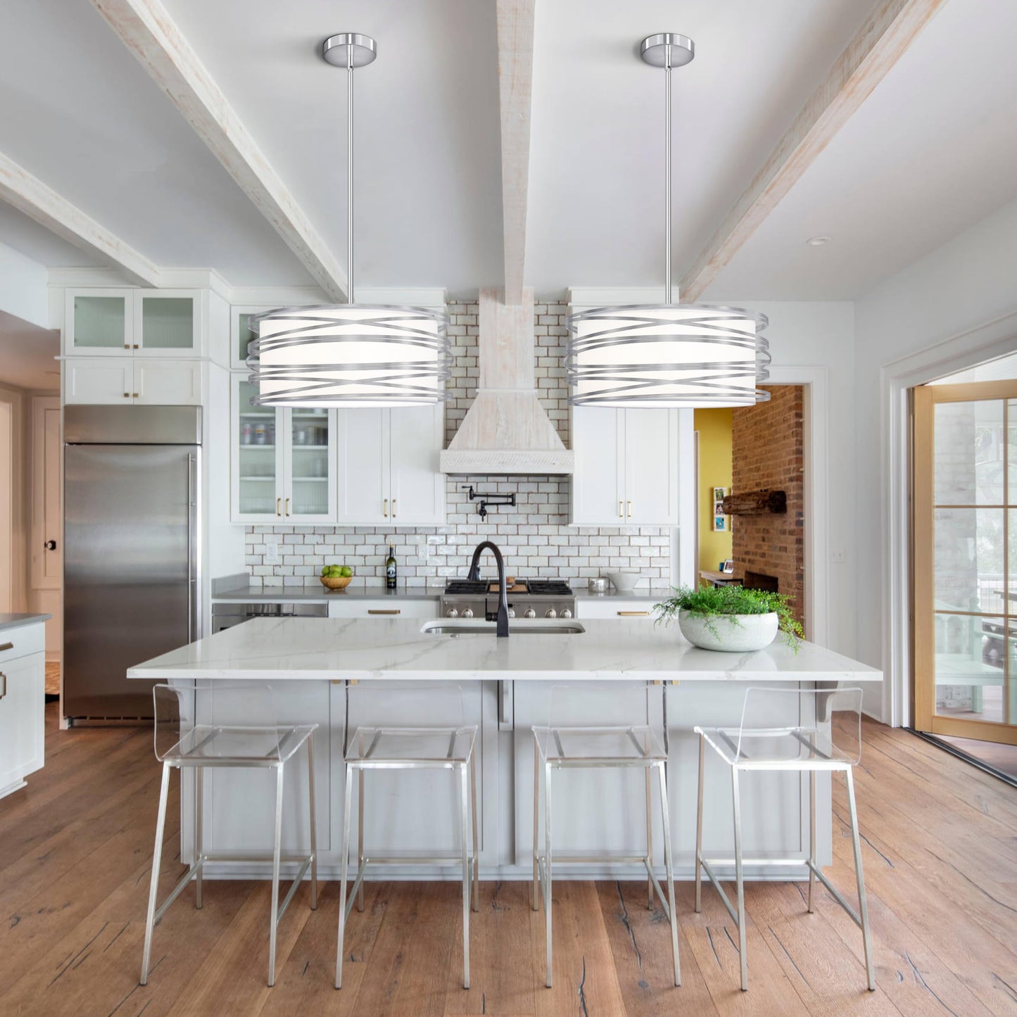 16 inch Modern Drum Pendant Light 3-Lights Brushed Nickel Chandelier Dining Room Light Fixture, Adjustable Ceiling Pendant Kitchen Light Fixture Over Table for Living Room Bedroom