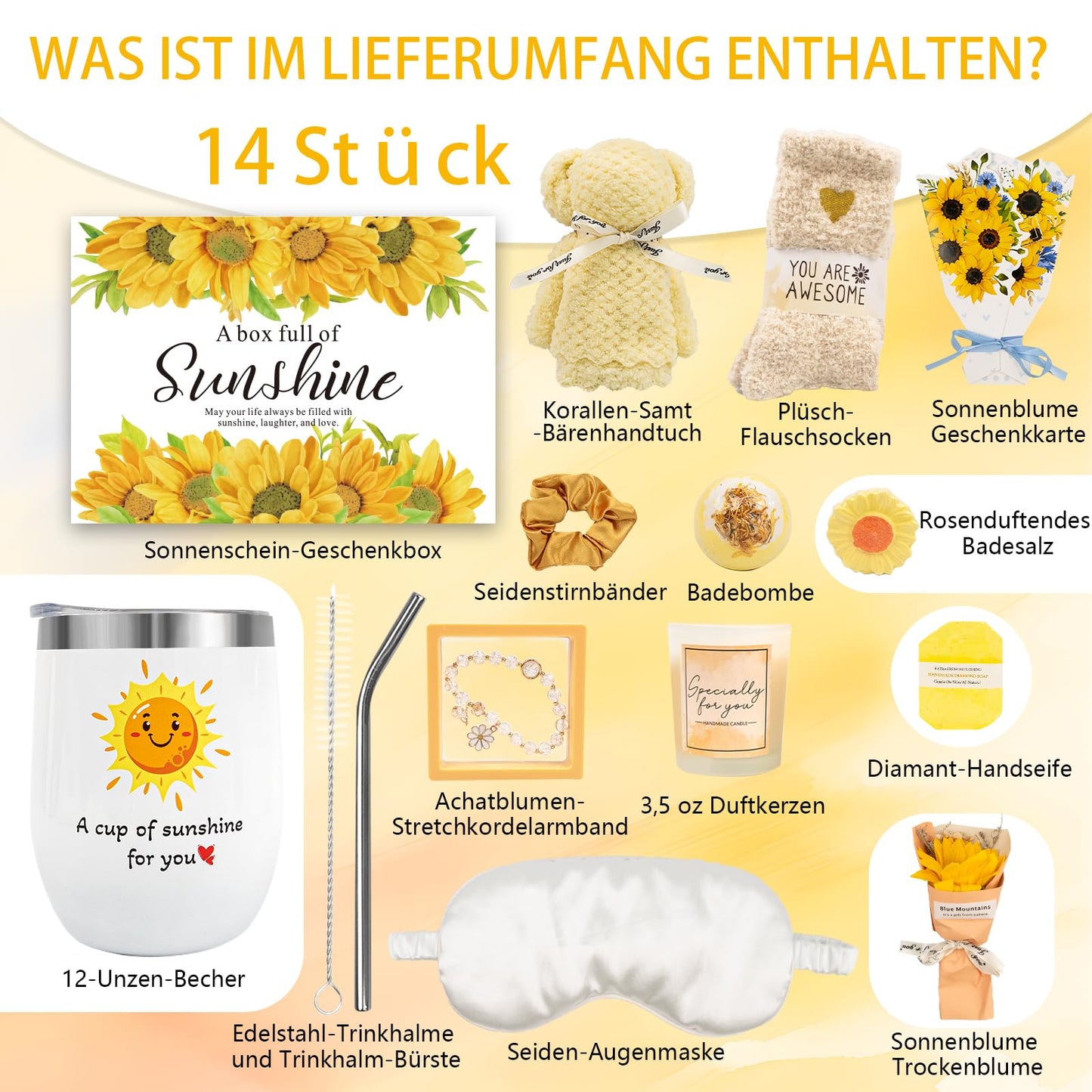 Birthday Gifts for Women, Sunflower Self-Care Package, Sending Sunshine Get Well Gifts for Women, Her, Sister, Mom, Best Friends, Unique Relaxation Spa Basket Perfect for Valentine's Mother's Day
