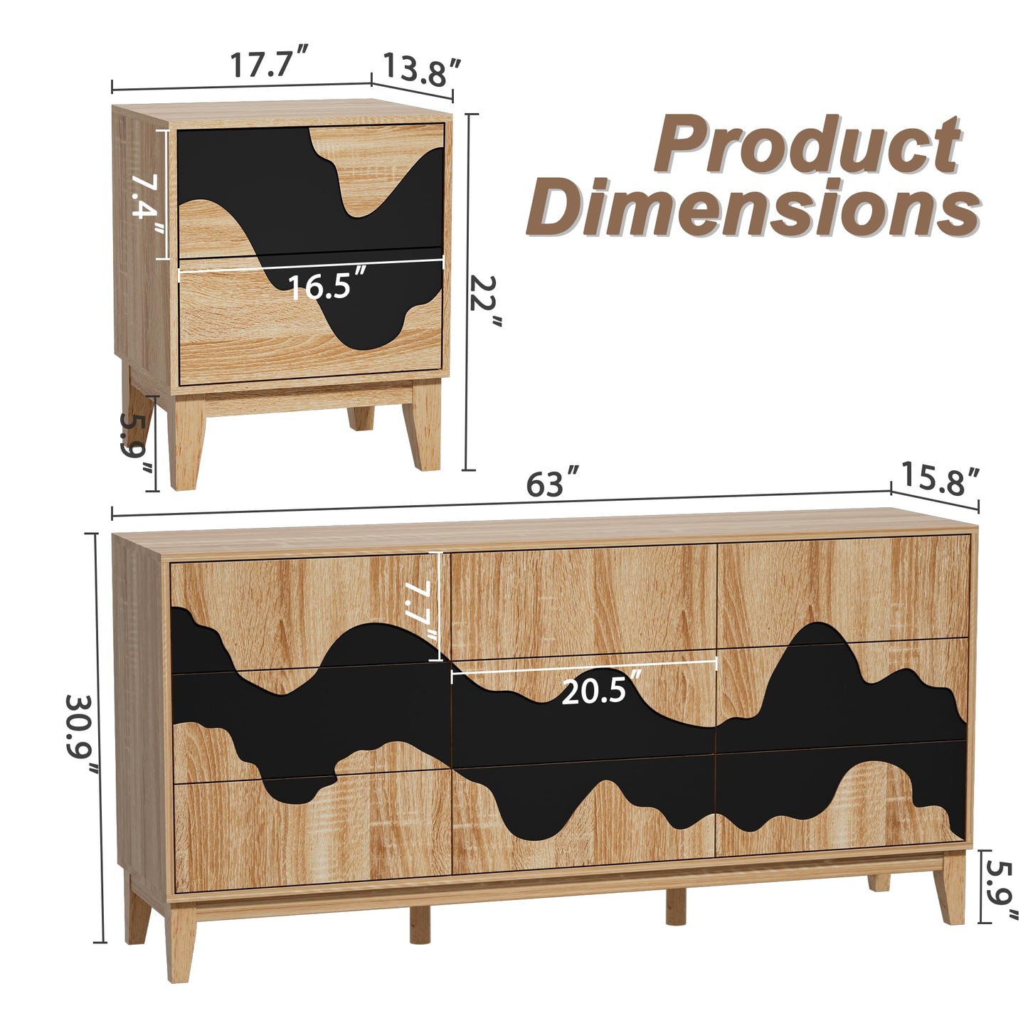 UEV 9-Drawer Dresser & 2 Nightstands Set - 3 Piece Modern Bedroom Furniture Set, 63" Wide Wooden Chest of Drawers with Flowing Water Pattern,2-Drawer Night Stands for Bedroom (Natural/Black
