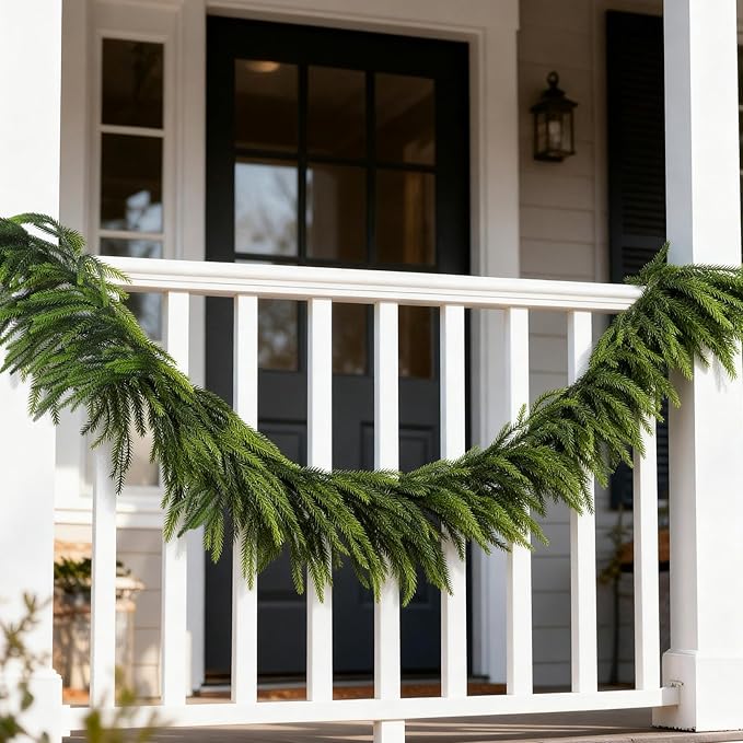 2 Pcs 9 Ft Norfolk Pine Garlands, Artificial Real Touch Winter Christmas Green Greenery Garlands for Mantle, Fireplace, Table, Wall, Outdoor, Indoor Christmas Decorations (9 FT, 2)