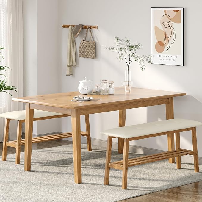 VINGLI Padded Solid Wood Dining Bench 39" Wooden Bench for Entryway, Bedroom, Kitchen & Living Room, with Shoe Rack Storage, Light Brown