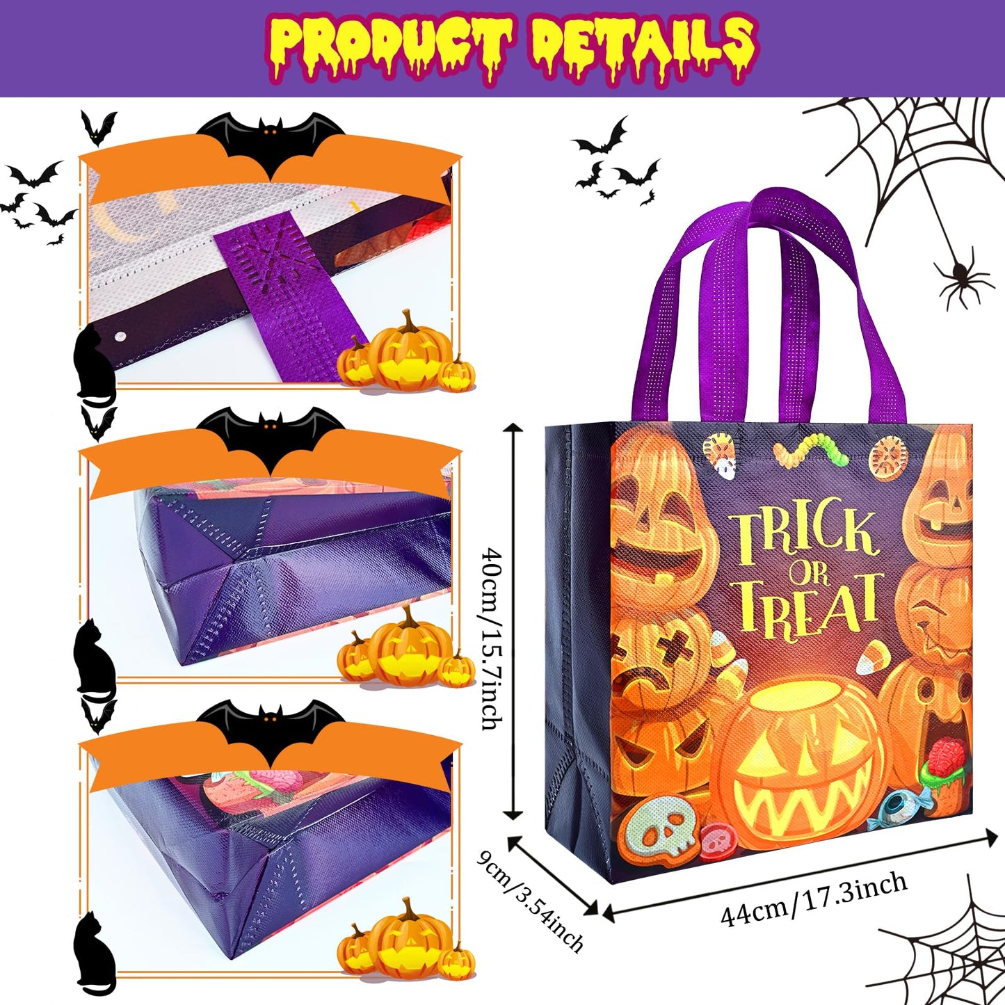 Ambandier 8PCS Halloween Trick or Treat Tote Bags with Handles,Halloween Candy Treat Bags for Kids, Non-Woven Gift Bag for Wrapping Party Decoration Supplies
