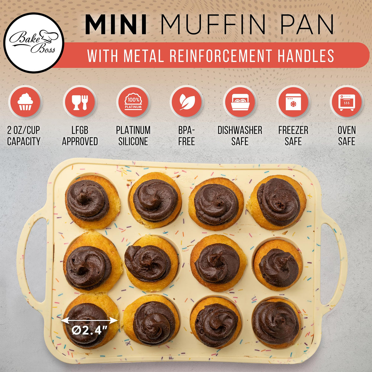 BAKE BOSS 2 Pack Silicone Mini Muffin Pan 12 Count – Non-Stick Silicone Muffin Pans for Baking, BPA-Free Cupcake Pans for Baking, Easy Release, Metal Handles, Oven & Dishwasher Safe