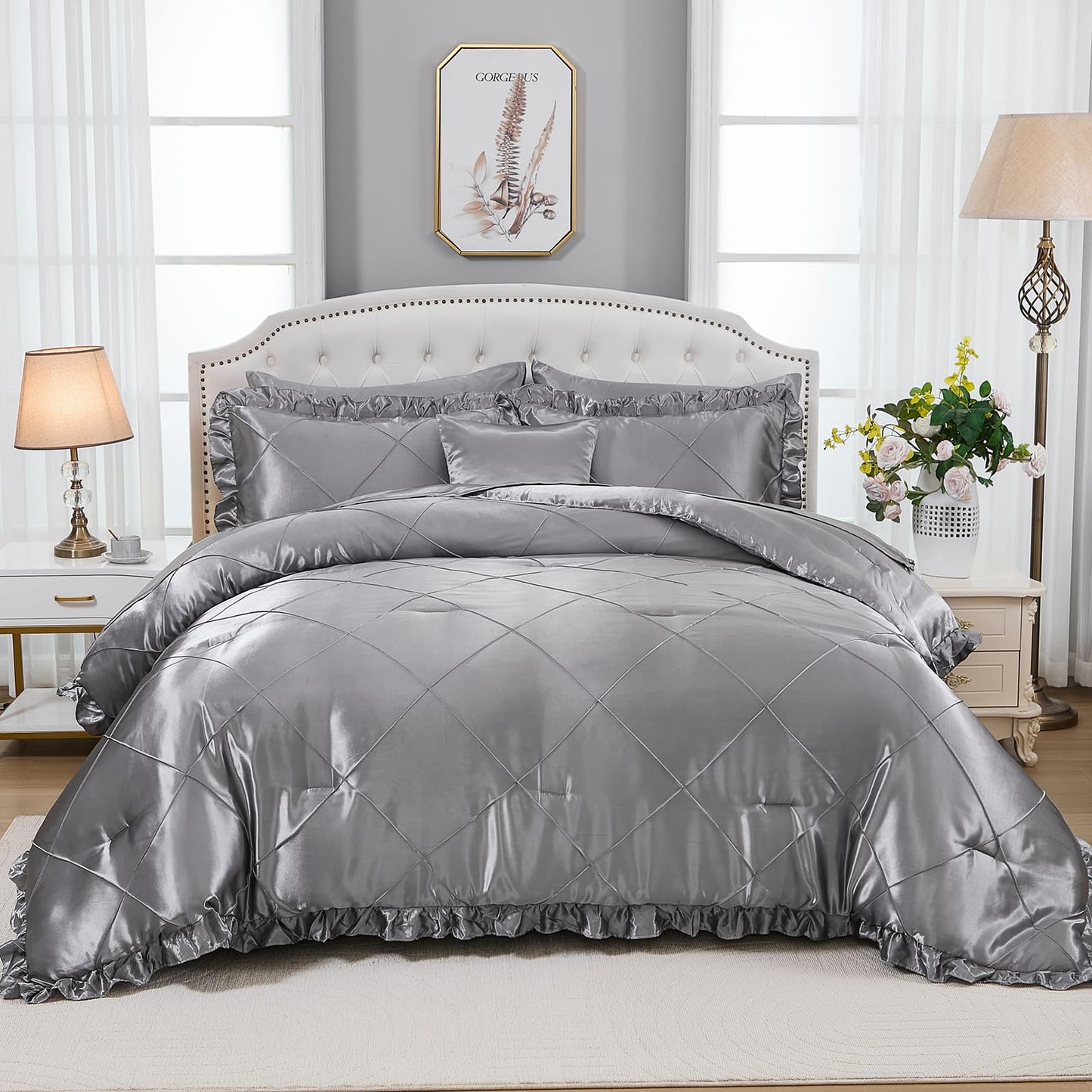 Grey Comforter Set King Sheet Set Silk Like Satin Bedding Set Silky Bed in a Bag 8 Pcs Pinch Pleat Bed Set Home Decor Luxury Hotel Silky Ruffle Down Comforter with 1 Cushion Cover