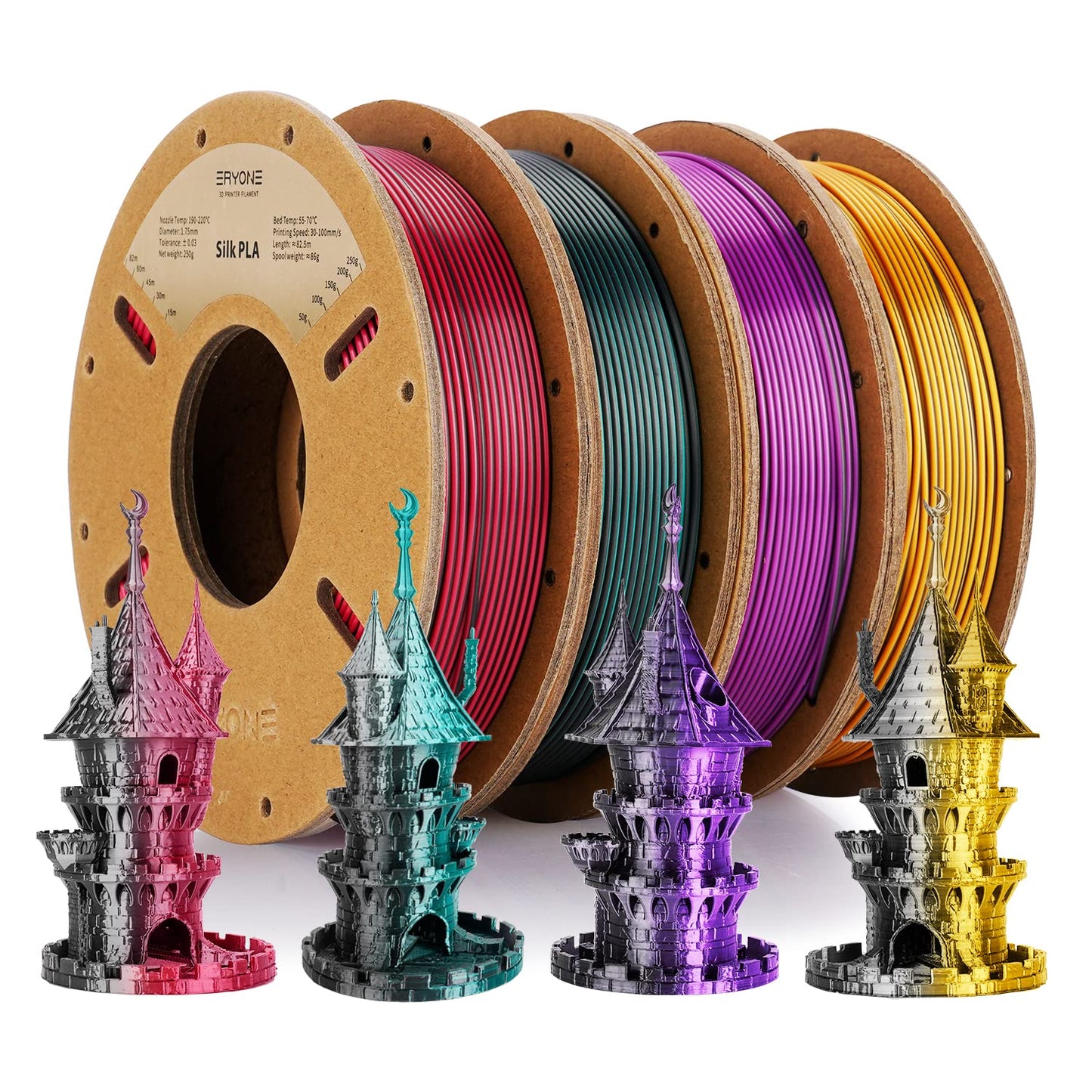 ERYONE Silk Dual Color Filament Bundle, PLA 3D Printer 1.75mm +/- 0.03mm, Silk Coextrusion PLA Filament 250gX4 Spools, Black&Gre