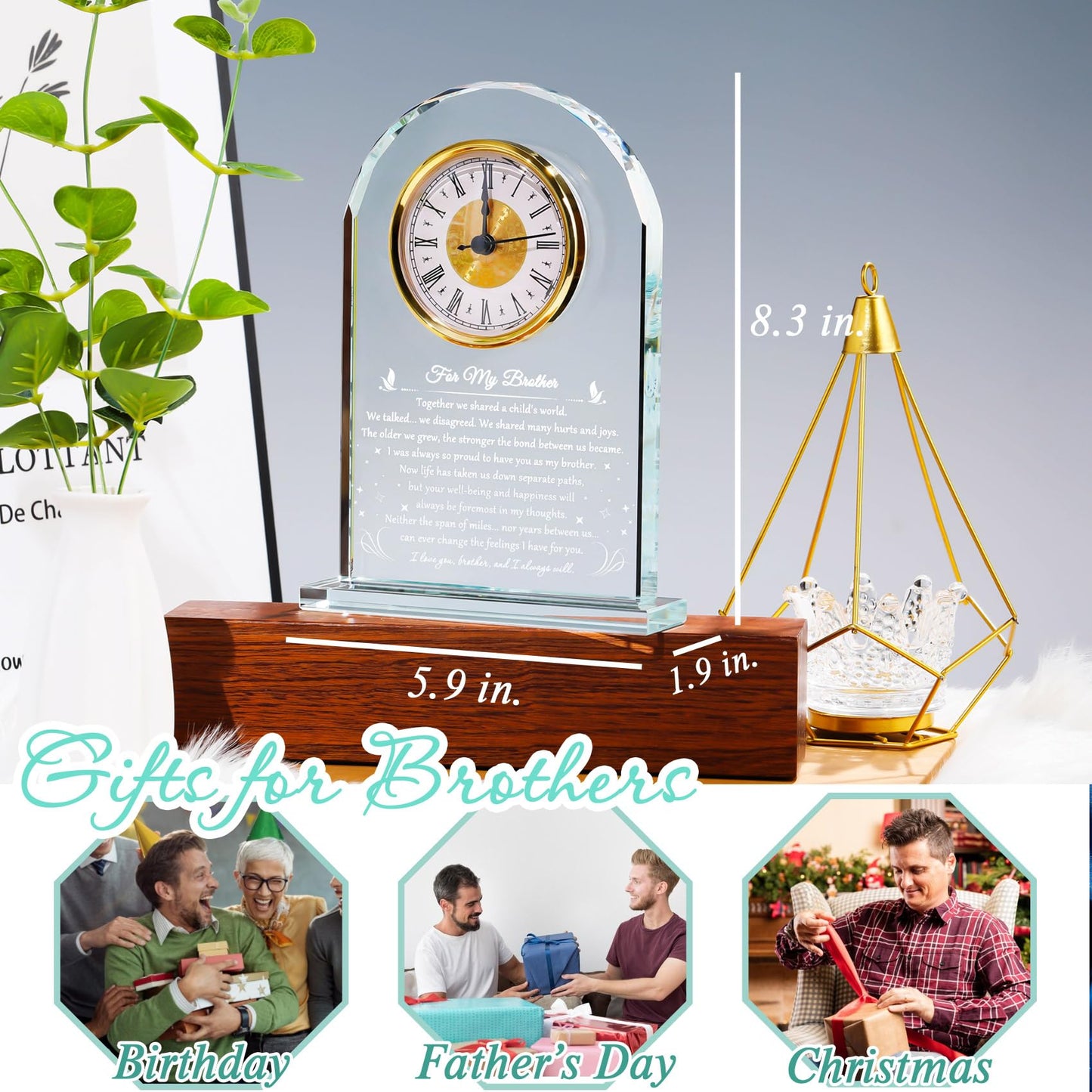 YWHL Meaningful Birthday Gifts for Adult Brother from Sister, Father's Day Brother Gifts Idea, Glass Clock Keepsake for Christmas Graduation (Battery not Included)