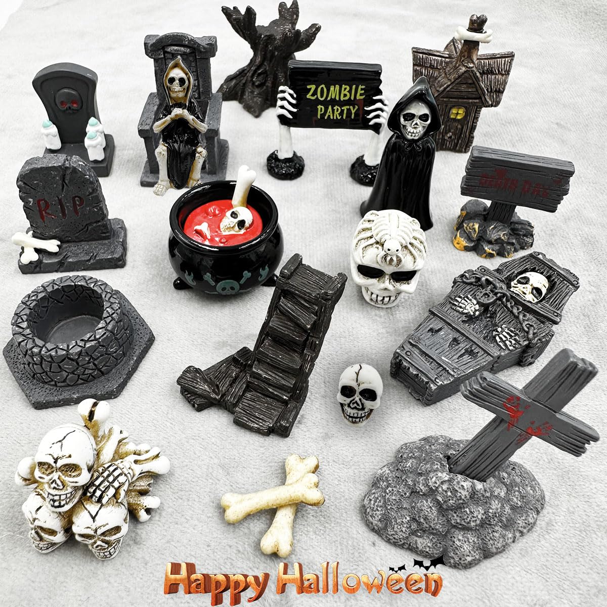 Halloween Miniature Figurines - 18Pcs Resin Ghost Tombstones Skull Heads Scene Ornaments Halloween Garden Accessories Mini Figurine Decorations for Outdoor Statues Home Village Crafts Decor