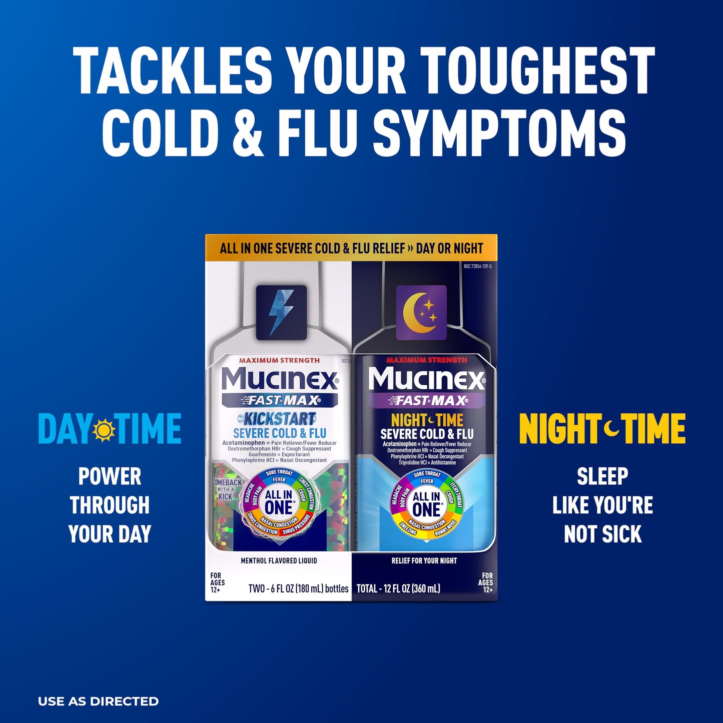 Mucinex Fast-Max Kickstart Severe Cold and Flu Medicine for Adults, Liquid Cold Medicine , Generic Expectorant Guaifenesin & Cough Suppressant Dextromethorphan, Combo Pack, 2x6 fl oz