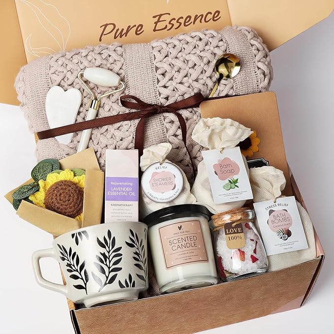 Get Well Soon Gifts Baskets for Women - Self Care Spa Care Package w/Blanket, Thinking of You Inspirational Gift, Relaxation Valentine's Day Birthday Gifts for Mom Wife Her Coworker Firends