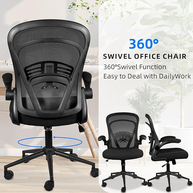 Computer Desk Chair with Wheels, Mesh Office Chair with Flip Up Arms, Adjustable Lumbar Support, Swivel Desk Chair Comfy, Black
