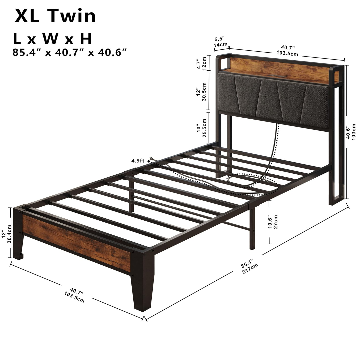 LIKIMIO Twin XL Bed Frames, Storage Headboard with Charging Station, Solid and Stable, Noise Free, No Box Spring Needed, Easy Assembly