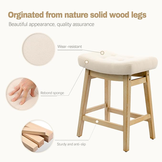 Counter Height Bar Stools Set of 4 for Kitchen Counter, Backless Farmhouse Island Short Barstools No Back with Padded Fabric Saddle Seat & Solid Wood Legs Modern 24 inch Counter Top Bar Chairs, Khaki