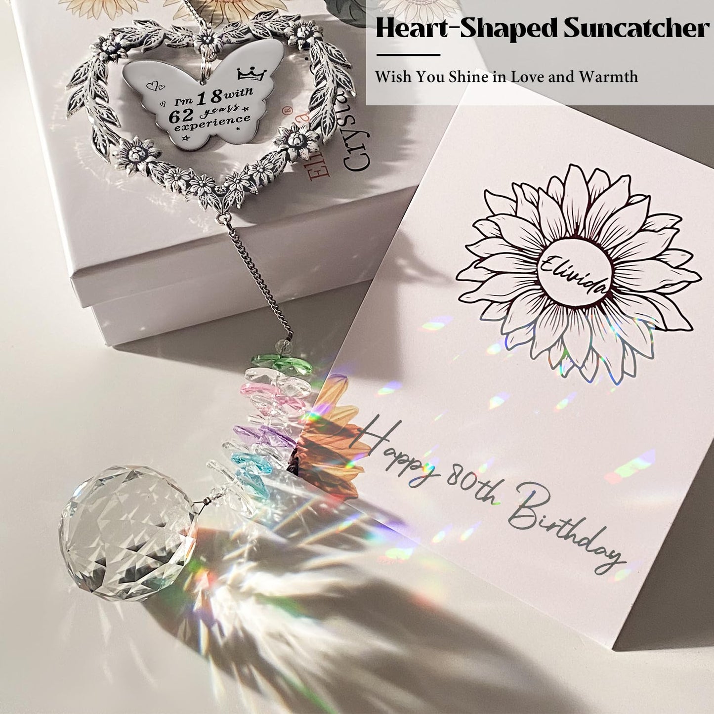 Elivida 80th Birthday Gifts for Women, Happy 80th Birthday Suncatcher for Her, Thoughtful 80 Bday Crystal Ornament for Wife, Mom, Grandma, Sister, Aunt, Turning 80 Year Old Rainbow Marker