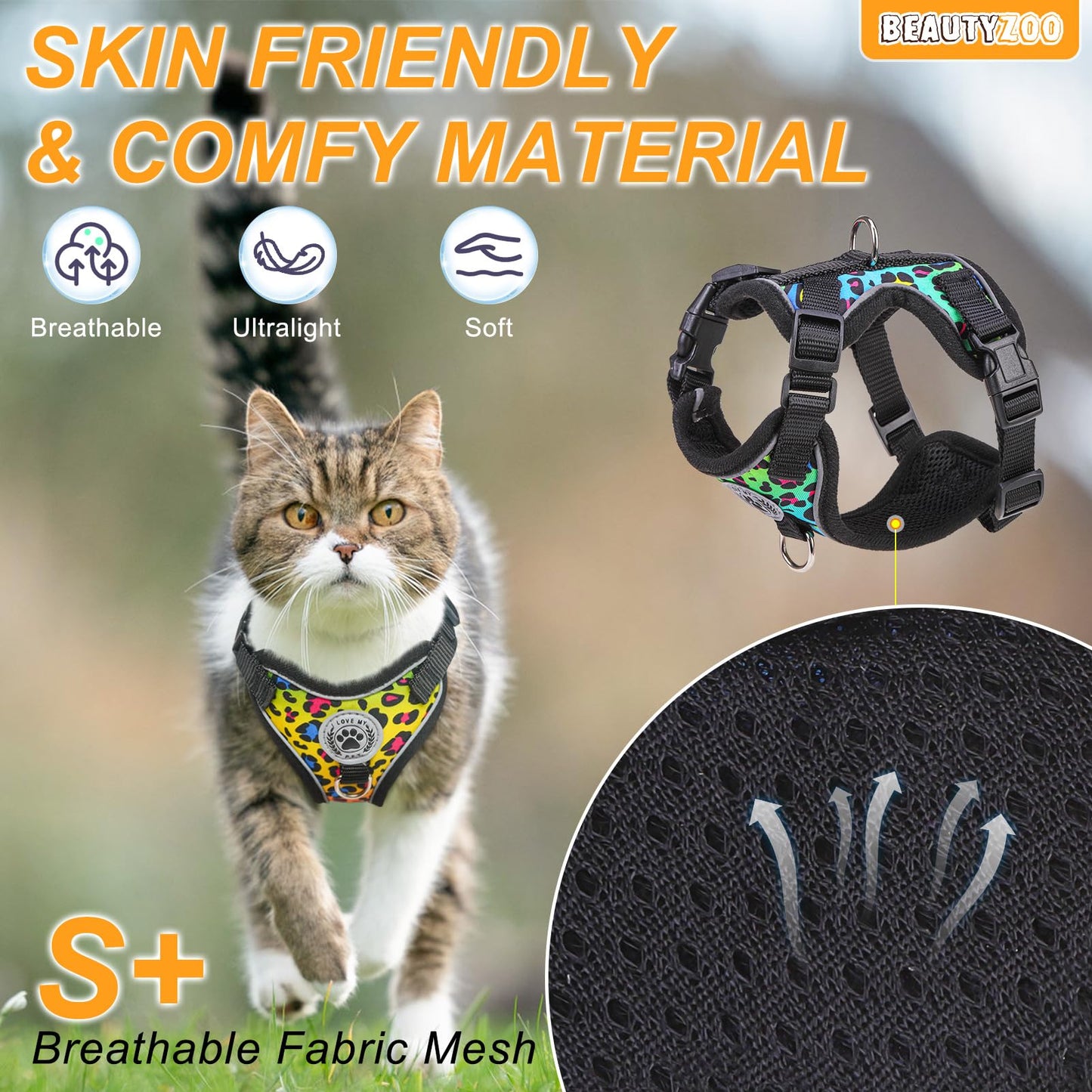 BEAUTYZOO Escape Proof Cat Harness and Leash for Walking, Soft Adjustable Cute Vest for Small to Large Cats, Reflective Breathable Easy-Control Outdoor Jacket, Kitten Harness and Leash Set, Leopard, S