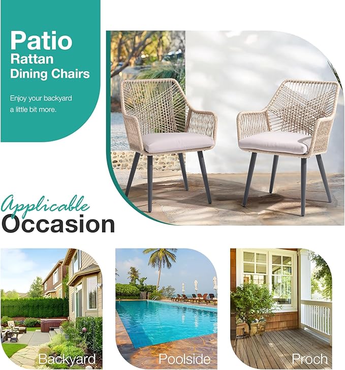Patiorama Patio Dining Chair Set of 4, Woven Rope Outdoor Dining Chairs w/Steel Frame, All-Weather Twisted Rattan Chairs w/Armrest & Cushion, Outdoor Dining Wicker Chairs for Backyard Garden(Beige)
