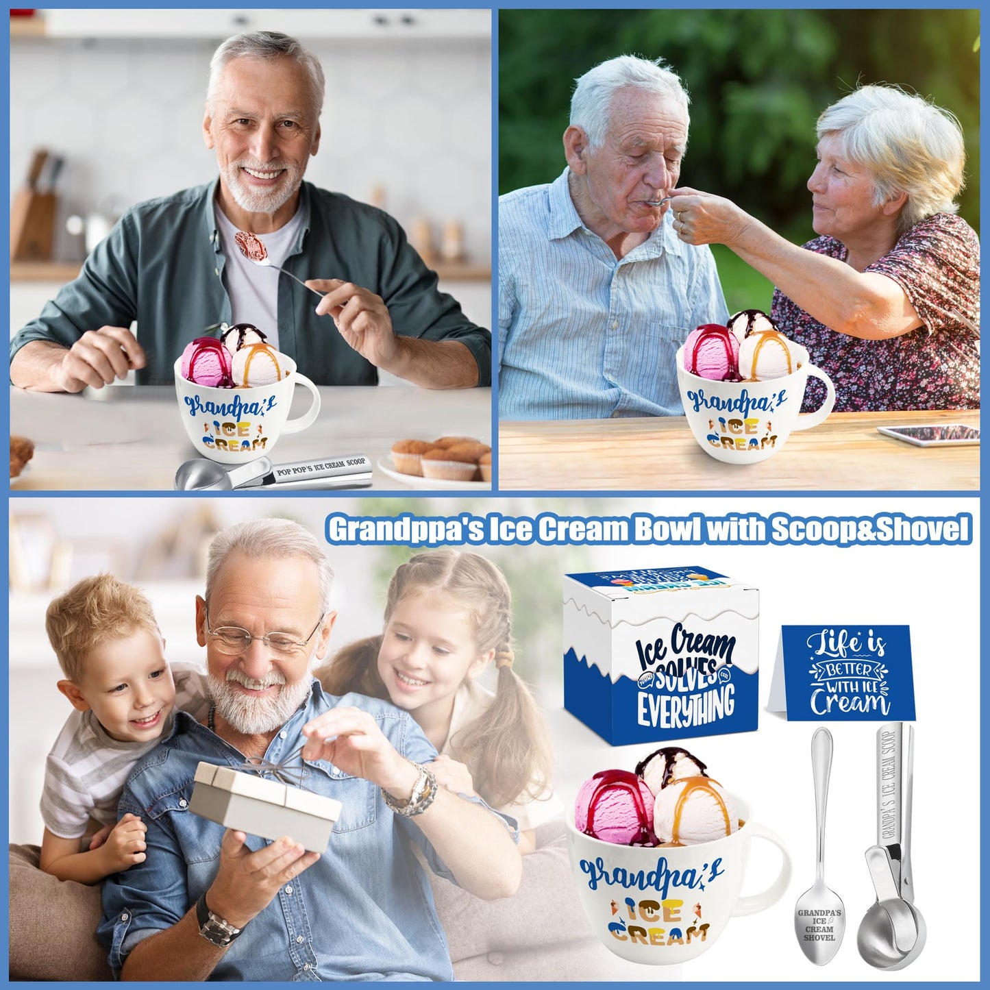 Dolficy Grandpa Gifts, Grandpa Birthday Gift from Grandkids, Grandpa's Ice Cream Bowl Scoop Shovel Spoon Set, Grandpa’s Ice Cream Gift, Christmas Birthday Grandparents Day Present for Him Man