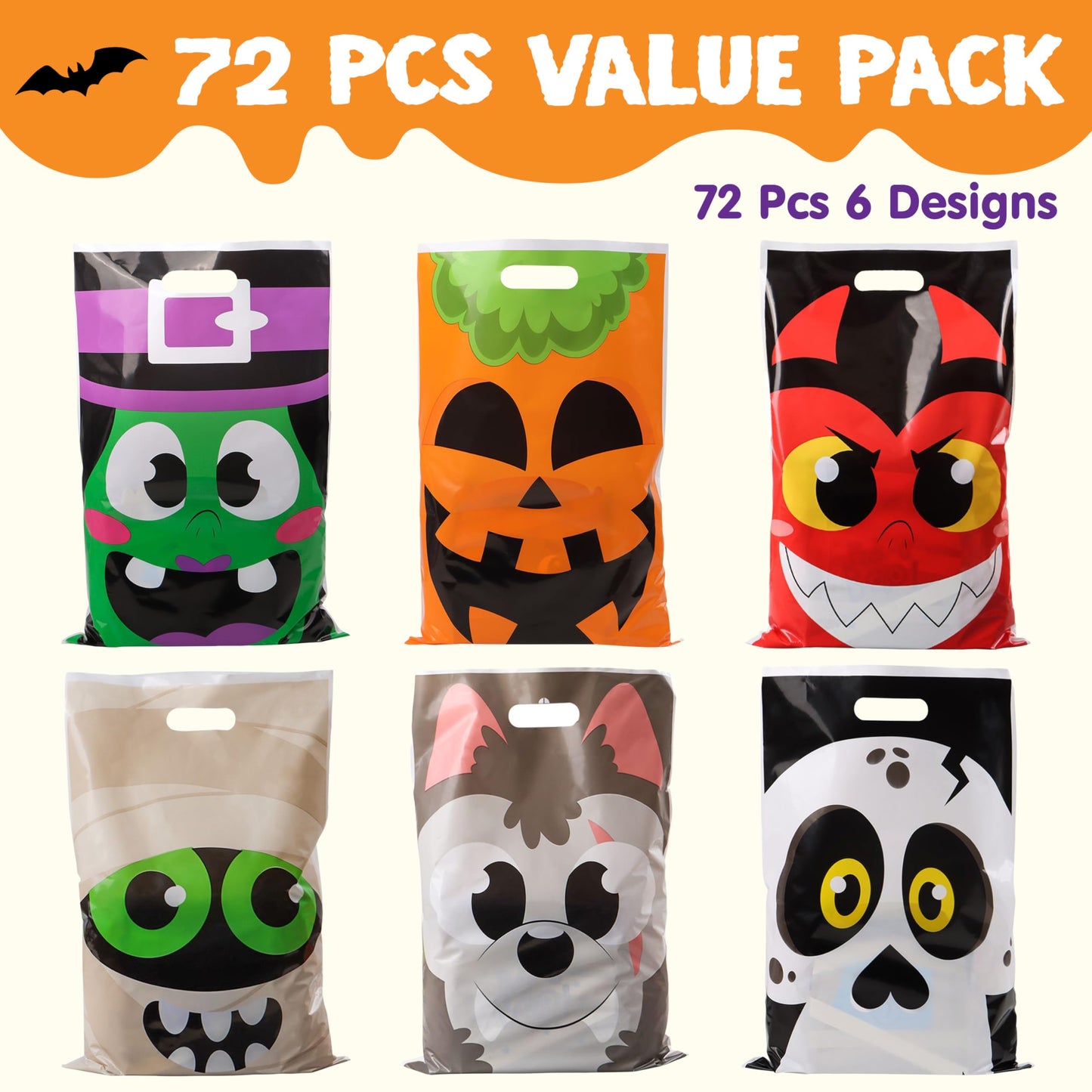 JOYIN 72 Pcs Halloween Bags, Plastic Goodie Bag in 6 Designs for Halloween Candy Trick or Treating Party Favors, alloween Trick-or-Treat SnacksBags Party Supplies Classroom Prizes