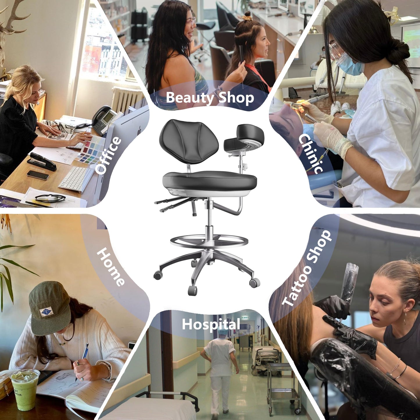 Dental Assistant Chair Ergonomic Medical Adjustable Rolling Stool with Back Support Rotatable Armrest for Clinics Dentist Tattoo Office,Salon,Laboratory - Black