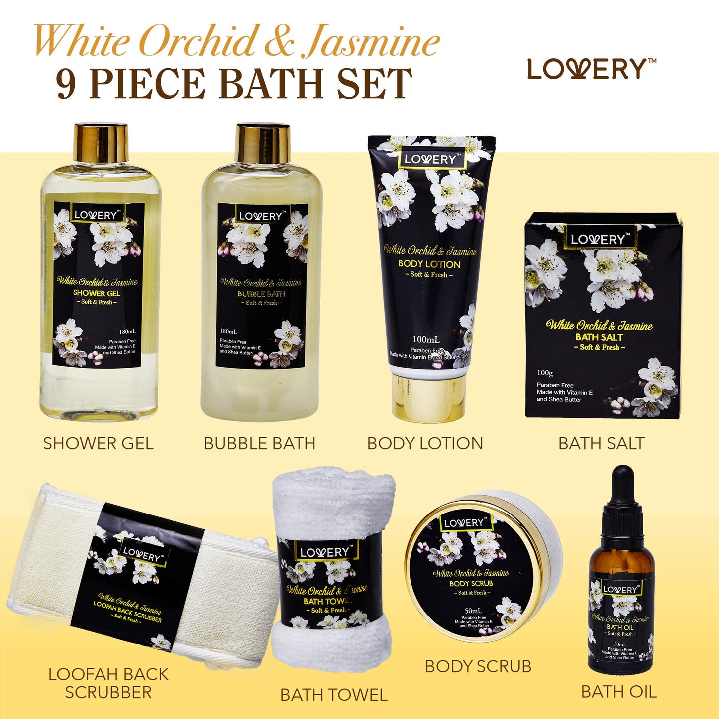 Birthday Gifts for Mom, Bath and Body Gift Basket for Women and Men – Orchid & Jasmine Home Spa Set With Body Scrubs, Lotions, Oils, Gels and More - Care Package for Women & Men - 9 Piece Set