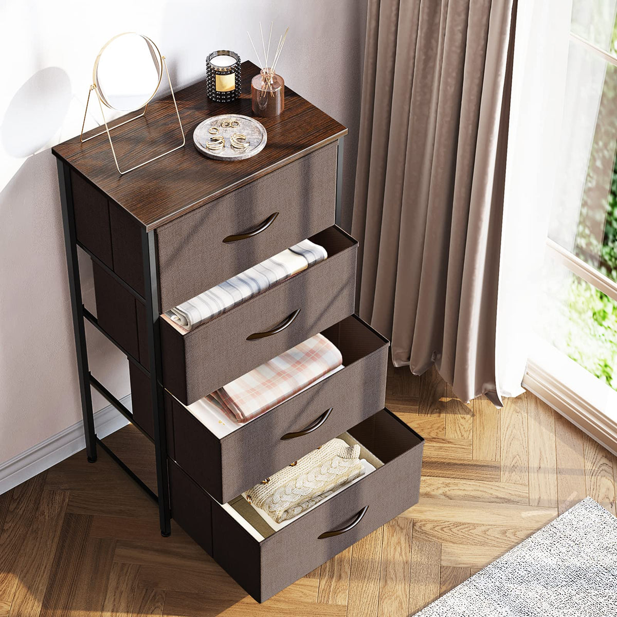 ODK Dresser for Bedroom with 4 Storage Drawers, Small Dresser Chest of Fabric Drawers with Sturdy Steel Frame, Wood Top, Brown