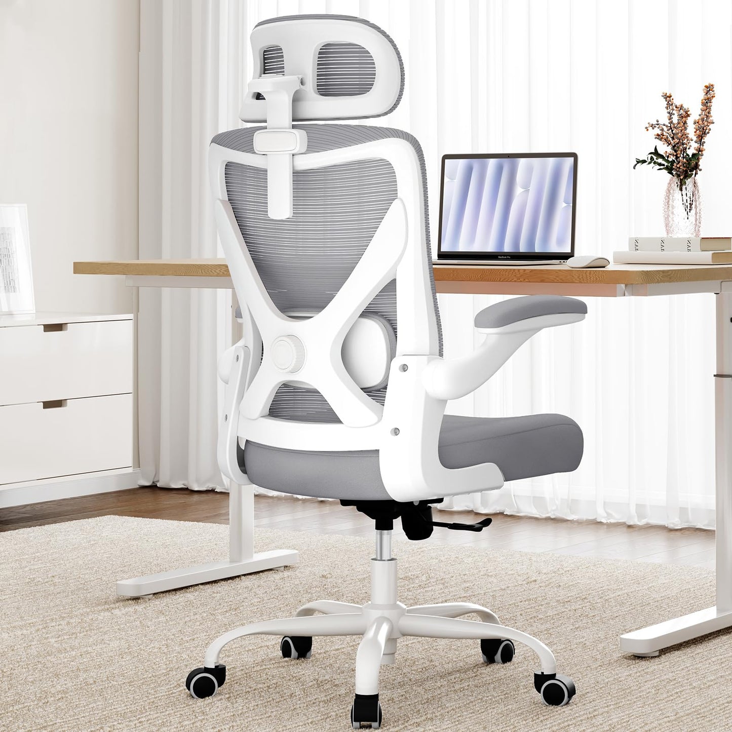 Ergonomic Office Chair: White Computer Desk Chair Comfy Gaming Chair for Adults - Office Chair with Lumbar Support & Headrest - Executive Office Rolling Chairs for Home Work (Grey)
