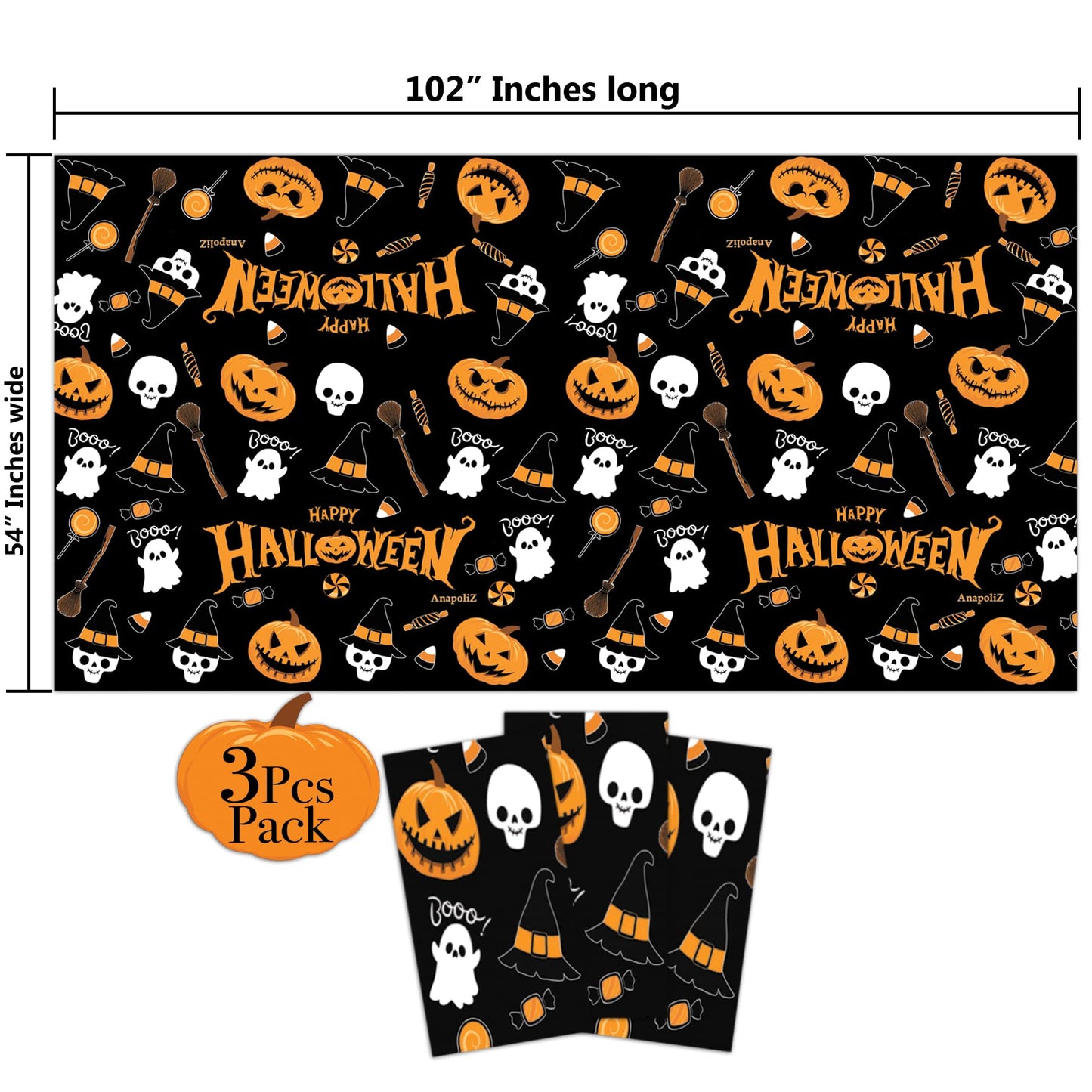 AnapoliZ Halloween Plastic Tablecloth | 3 Pcs Pack (54' x 102') | Rectangular Table Cover | Pumpkin, Witches Decoration | Party Tablecover