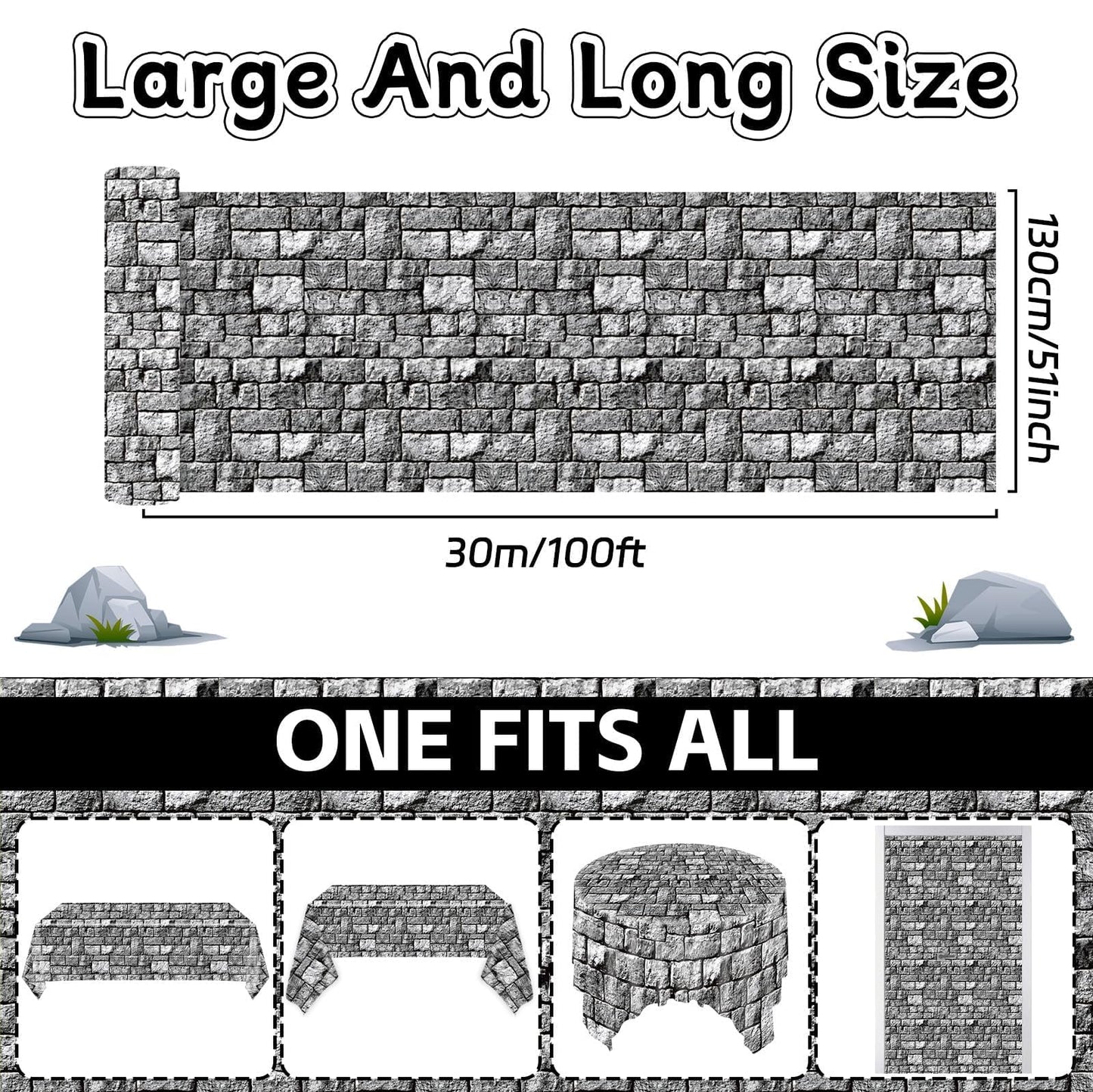 party greeting Brick Stone Wall Tablecloth Roll 100FT x 51 Inch Disposable Stone Wrapping Plastic Table Covers Roll Castle Knight Themed Backdrop for Halloween Birthday Medieval Party Decoration