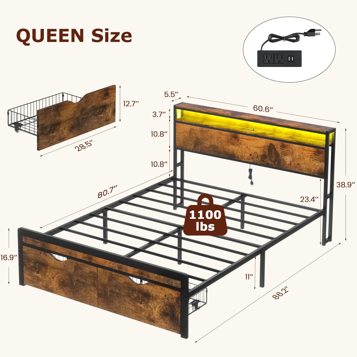 FAVOOSTY Queen Bed Frame with 2-Tier Headboard, Metal Platform Bed Frame with 2 Storage Drawers, LED Lights and Charging Station, Noise Free, No Box Spring Needed, Easy Assembly, Black Brown