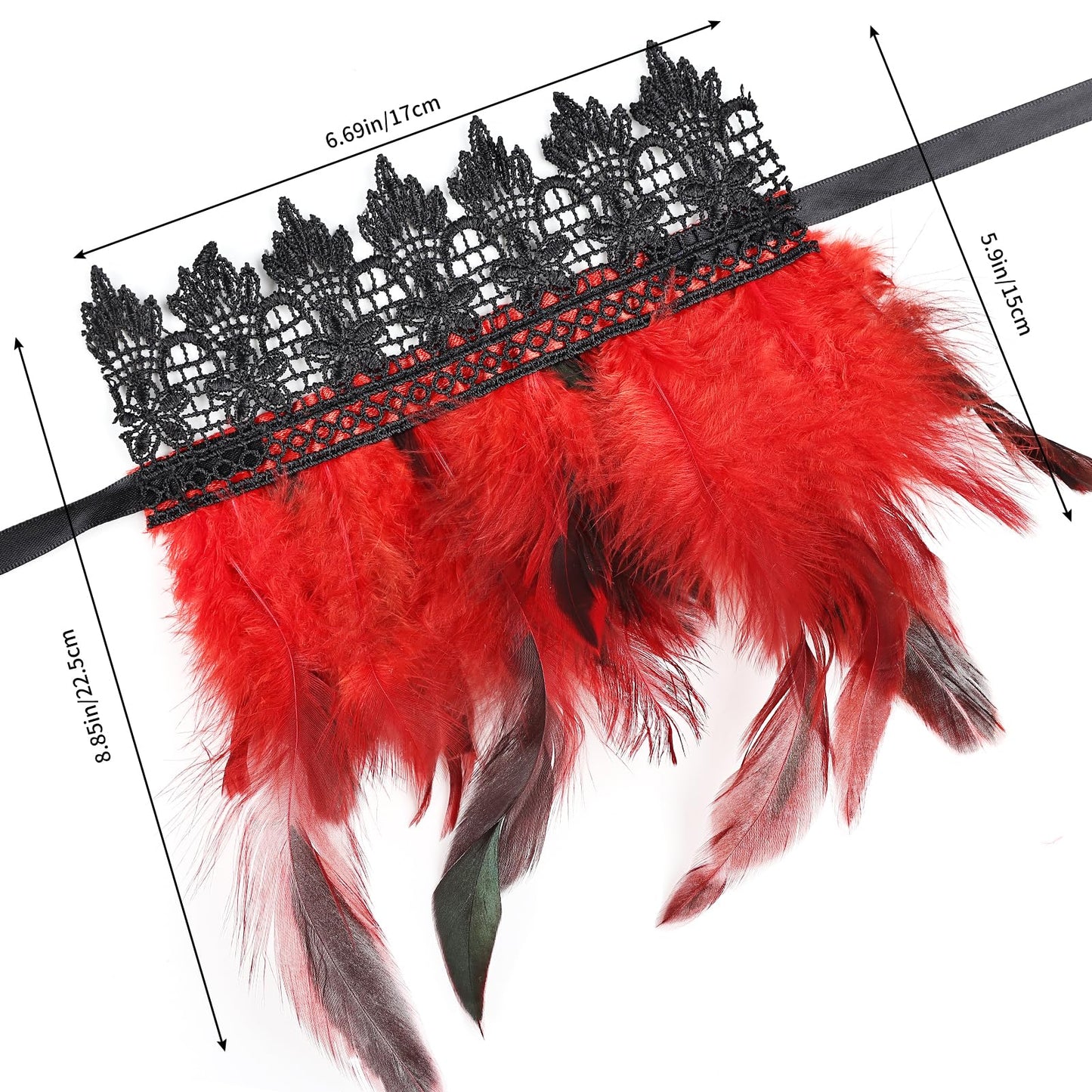 MAOFENG Women's Gothic Lace Feather Gloves Feather Arm Sleeve Wristband Mesh Cuff Cosplay Wedding Halloween Party Costume Accessories,Red