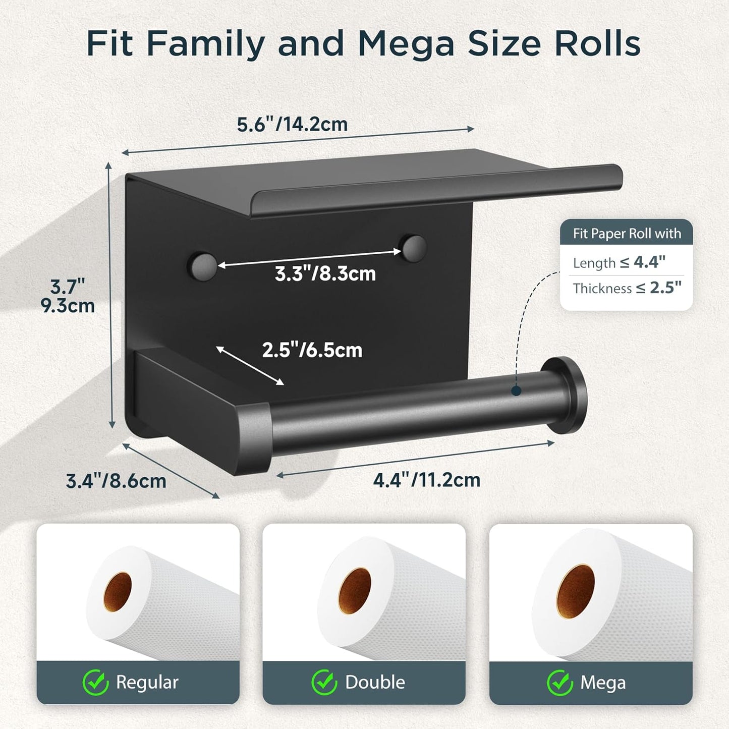 FORIOUS Toilet Paper Holder with Shelf, Adhesive or Screw Wall Mount Toilet Paper Roll Holder for Bathroom, Rustproof 304 Stainless Steel Commercial Toilet Tissue Holder, 2 Pack Matte Black