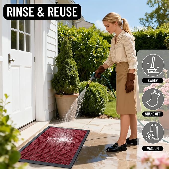 OLANLY Front Door Mat Outside Entrance 47x32, Absorbent, Heavy Duty Sturdy Natural Rubber Doormat Indoor Outdoor, Non-Slip, Stain and Fade Resistant, Low Profile Floor Mat for Entryway, Black Red