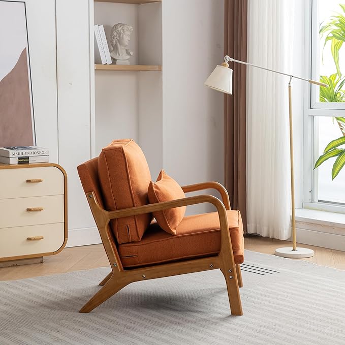 Mid-Century Accent Chair Set of 2, Linen Fabric Lounge Chair with Wide Armrest,13-16.5'' Low Seat Height Armchair with Lumbar Pillow & Solid Wood Frame for Living Room, Bedroom, Balcony(Orange)