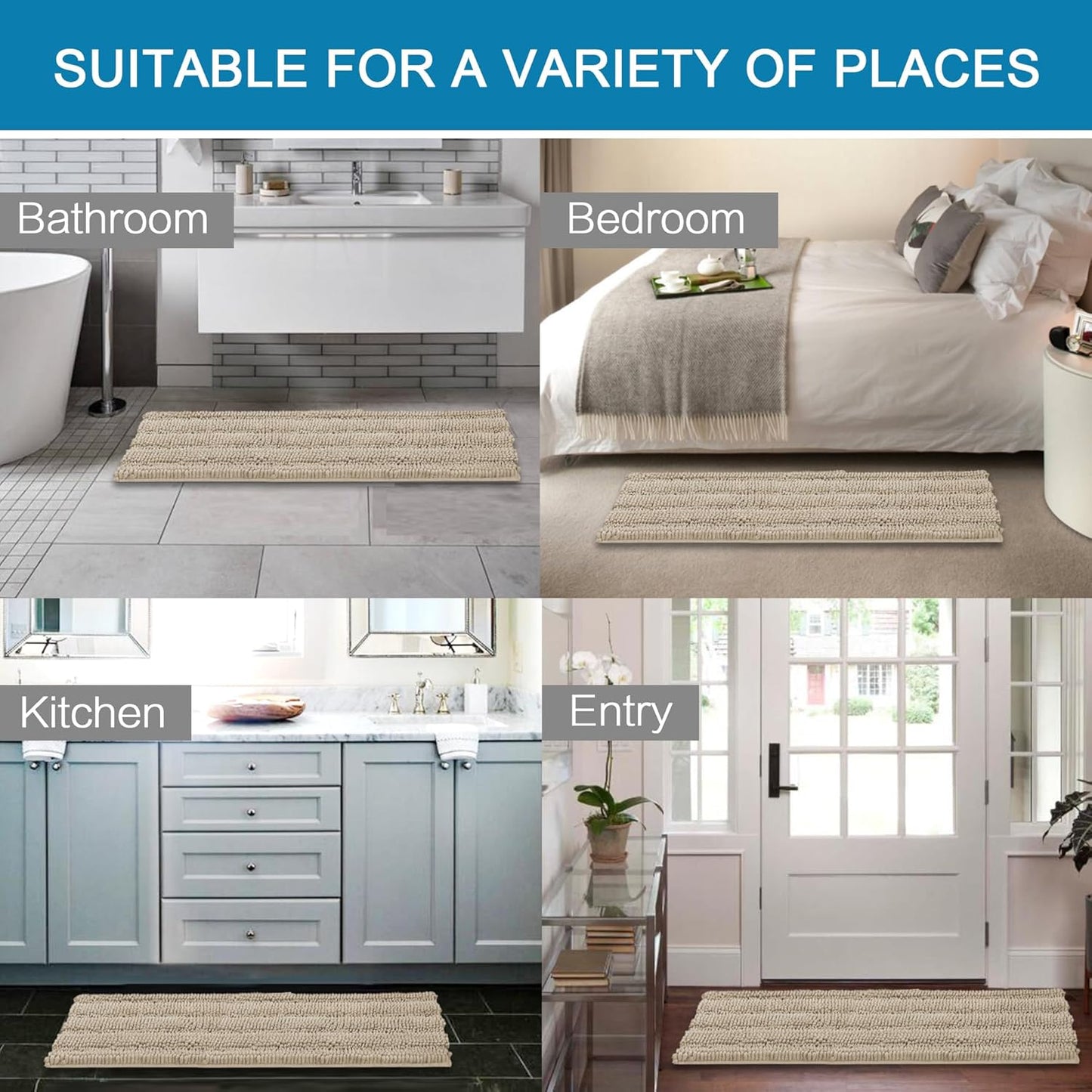 H.VERSAILTEX Bathroom Rug Sets 2 Piece Bath Mats Non Slip Thick Soft Chenille Striped Bath Rug achine Washable Shower Floor Rugs for Tub, Shower and Floor (Fog, 47" x 17"/17" x 24")