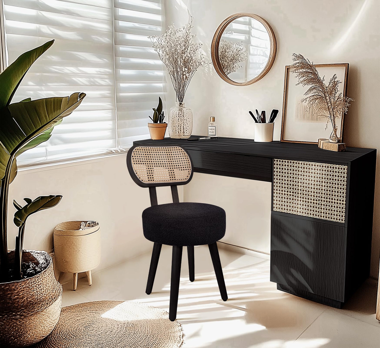 ZYBT Rattan Boho Makeup Vanity Chair for Makeup Room, Small Dining Chair, Mid Century Modern Boucle Chair, Black Cane Dining Chairs, Upholstered Wood Accent Chair, Cute Sherpa Chair with Back, 1 Pc