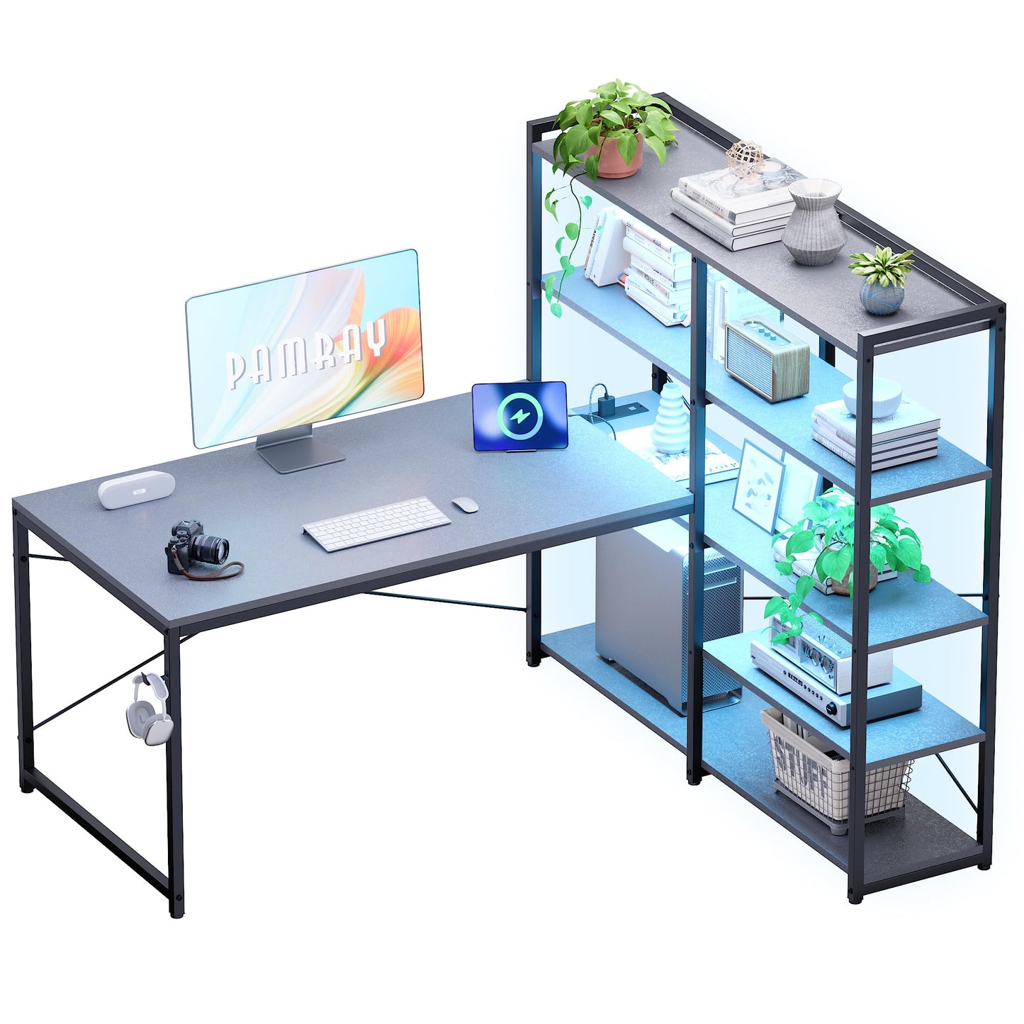 Pamray L Shaped Computer Desk with Reversible Side Storage Shelves, 49 Inch Gaming Desk with Power Outlets and Led Lights, PC Table for Home Office and Bedroom Grey