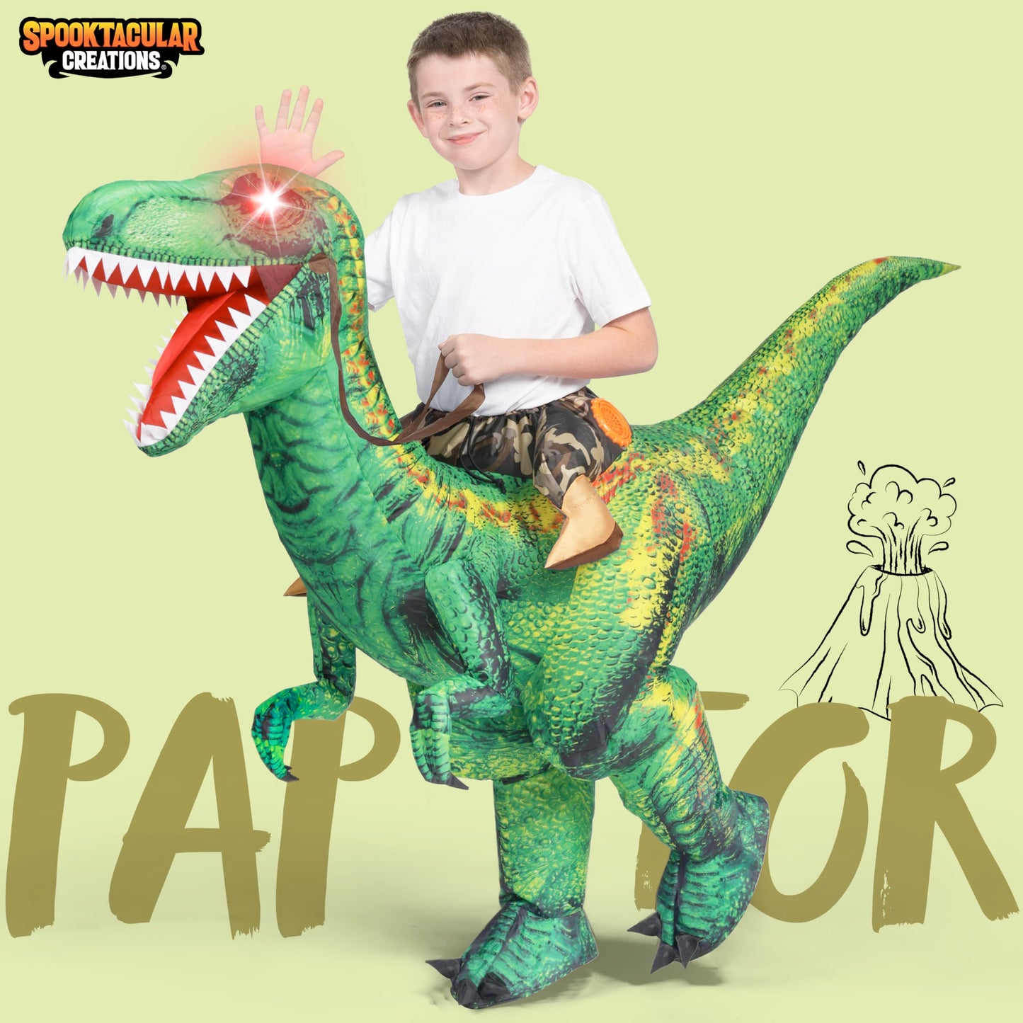 Spooktacular Creations Kids Halloween Inflatable Costume, LED Light Eyes Dinosaur, Ride on Blow Up Dragon Costume, Digital Printing T-Rex for Halloween Dress Up Party, M