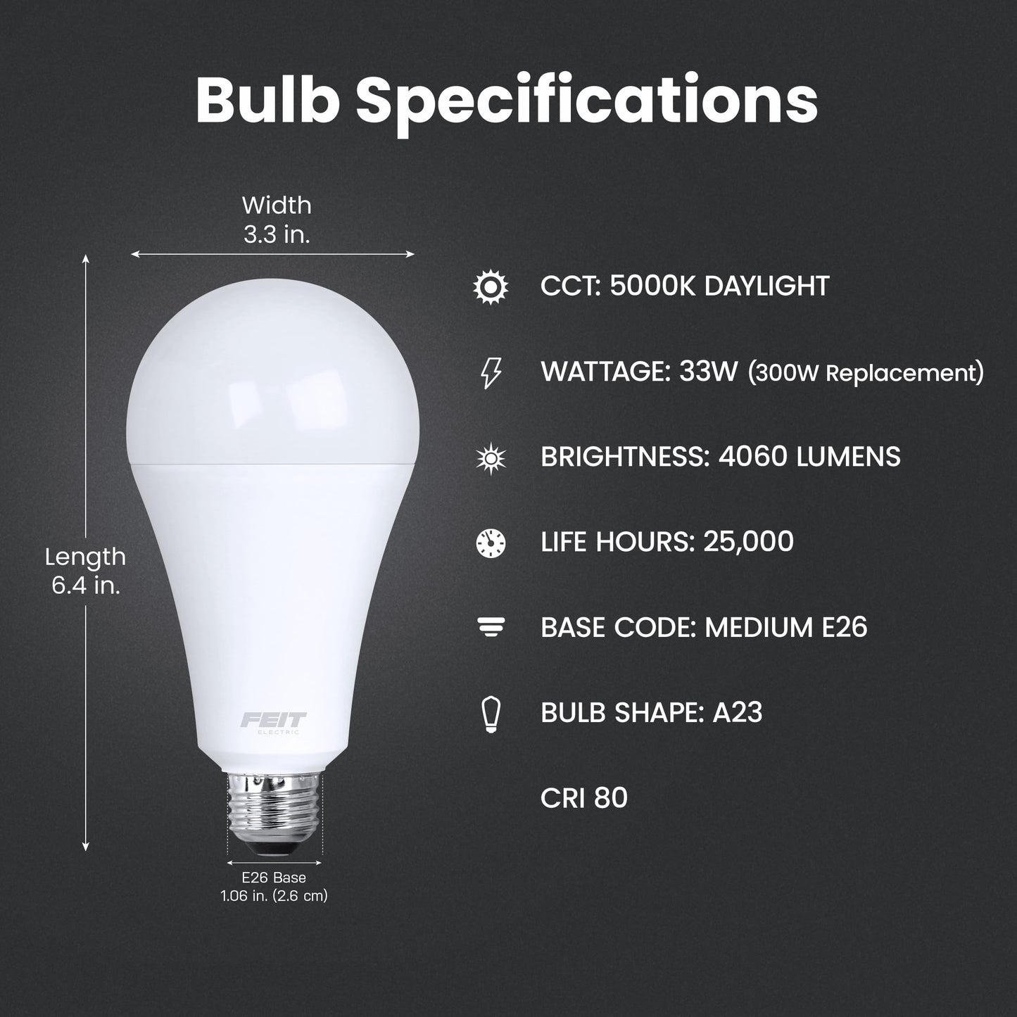 Feit Electric A23 LED Light Bulb, 300W Equivalent, Non-Dimmable, 4060 Lumens, E26 Standard Base, 5000k Daylight, 80 CRI, High Output LED Bulb, Damp Rated, 22 Year Lifetime, OM300/850/LED