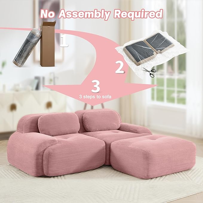 SoarFlash 81” Sectional Cloud Boneless Sofa Couches for Living Room-2 Seater L-Shaped Modern Lounge Couch-No Assembly Modular Corduroy Convertible Sponge Sleeper Sofas with Chaise for Home House,Pink