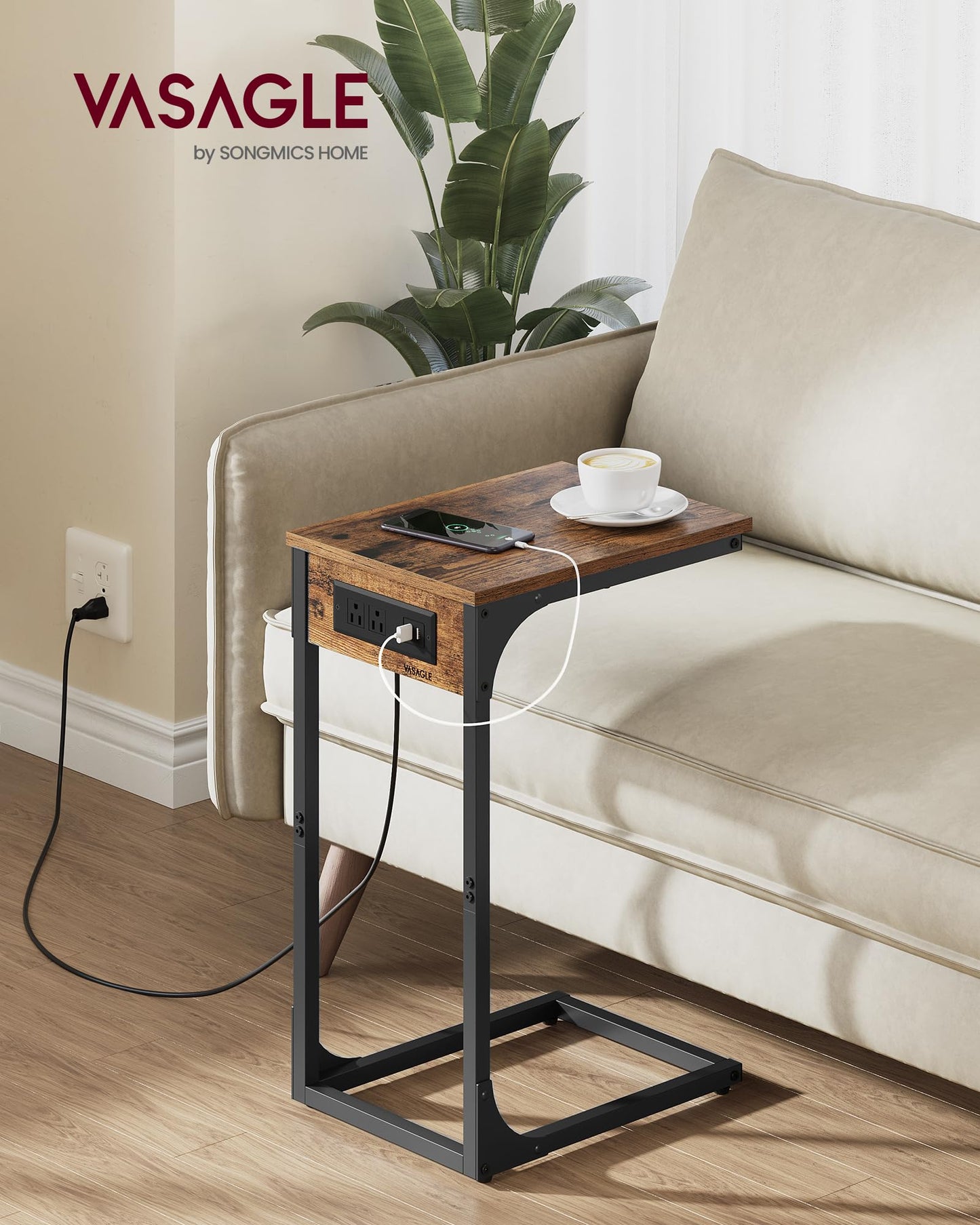 VASAGLE C-Shaped Side Table, End Table with Charging Station, C Table for Couch, Sofa, Adjustable Feet, for Bedroom, Living Room, 2 USB Ports and Outlets, Rustic Brown ULET362K01