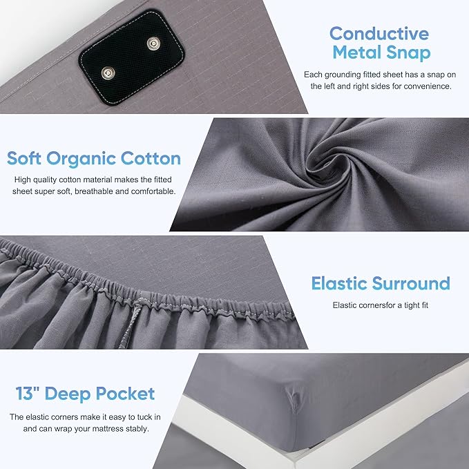 Grounding Sheet Queen Size - 95% Organic Cotton + 5% Pure Silver Fiber, Earth Connected Bedding (60"x 80"x 13" Gray) Fitted with Cord